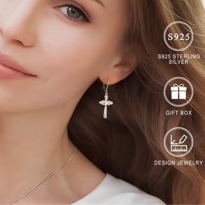 Dangle Earrings for Women - Cross 925 Sterling Silver Zirconia Inlaid for Hypoallergenic Shiny Faith - product detail view 7