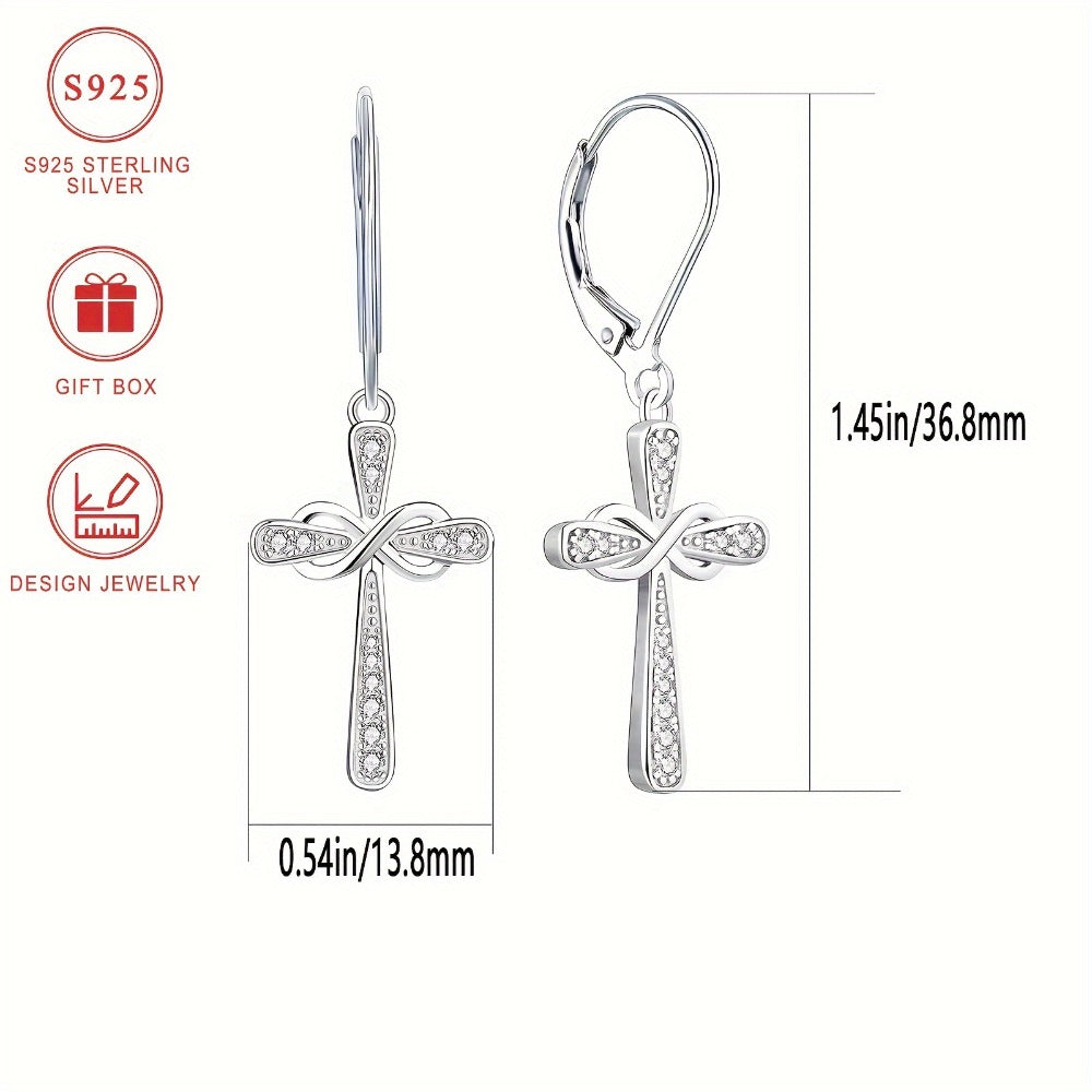 Dangle Earrings for Women - Cross 925 Sterling Silver Zirconia Inlaid for Hypoallergenic Shiny Faith - product detail view 10