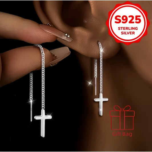 Dangle Earrings for Women - Cross Tassel S925 Sterling Silver Hypoallergenic Drop for Festival Gift - main product view