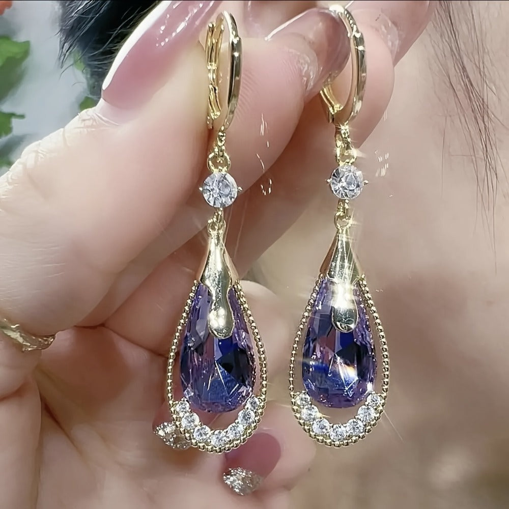 Dangle Earrings for Women - Crystal Teardrop Set 2 Pairs Cat Eye & Purple Crystal Drop for , Elegant - product detail view 2
