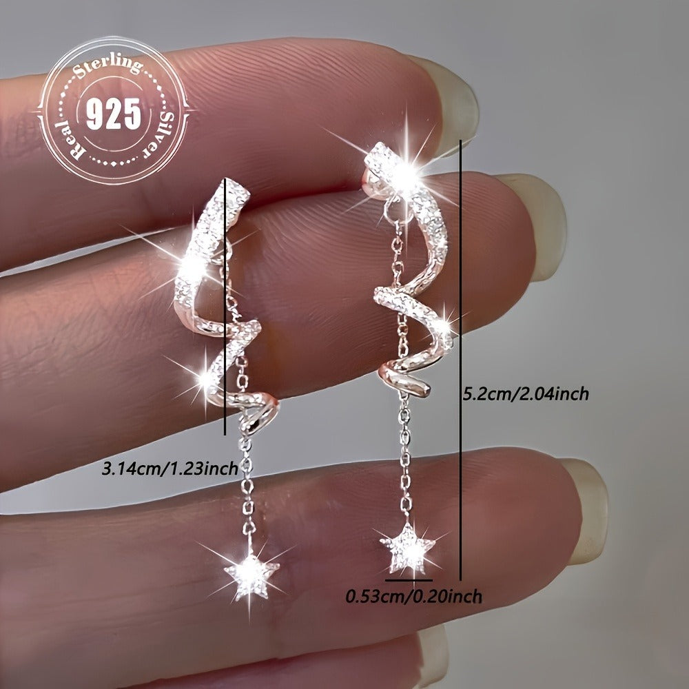 Dangle Earrings for Women - CZ Star Tassel for - 925 Sterling Silver Geometric Spiral Twisted Drop - product detail view 5