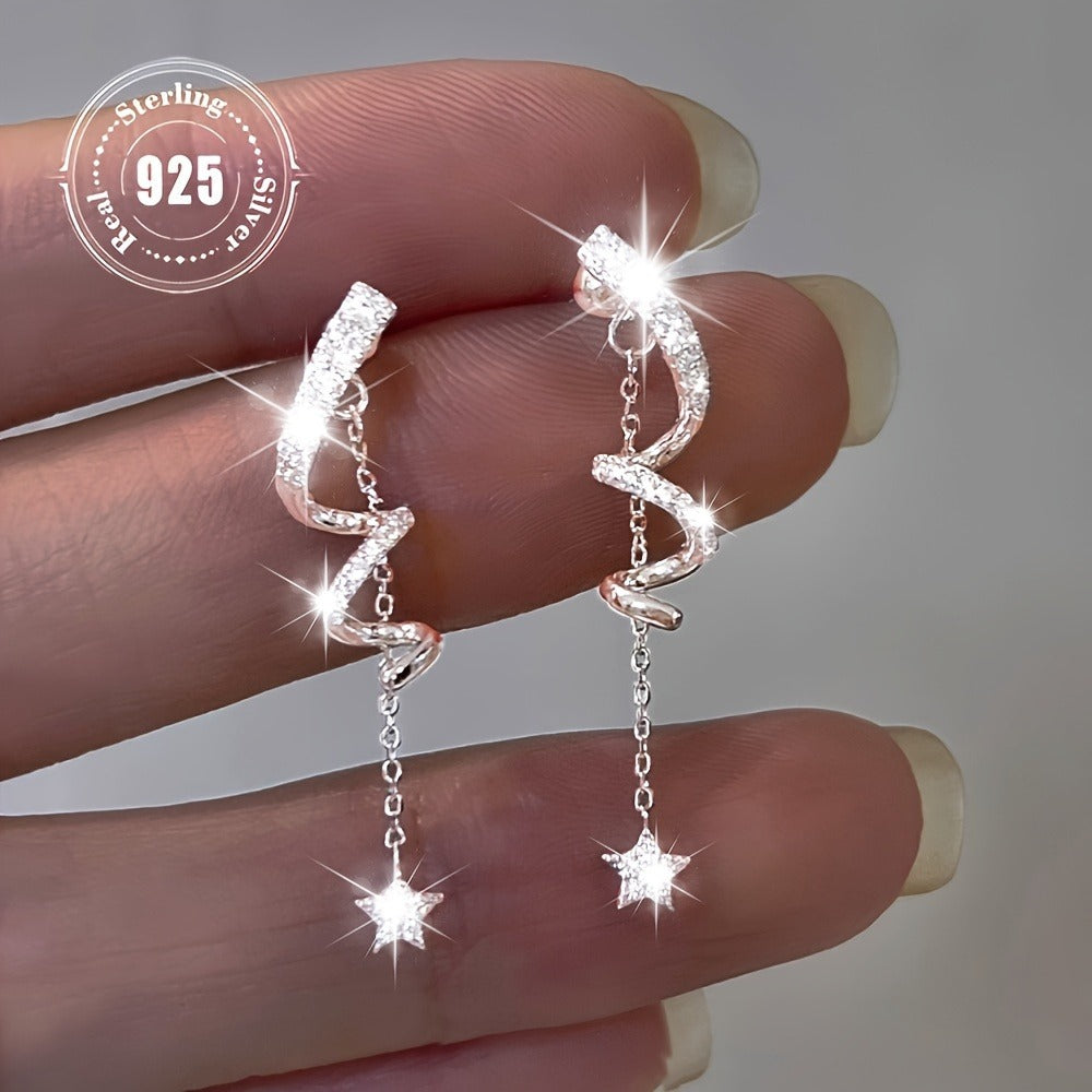 Dangle Earrings for Women - CZ Star Tassel for - 925 Sterling Silver Geometric Spiral Twisted Drop - product detail view 8