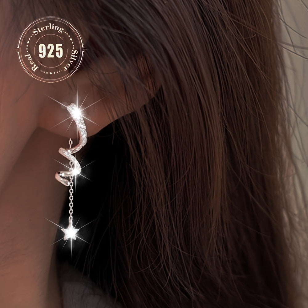 Dangle Earrings for Women - CZ Star Tassel for - 925 Sterling Silver Geometric Spiral Twisted Drop - product detail view 10