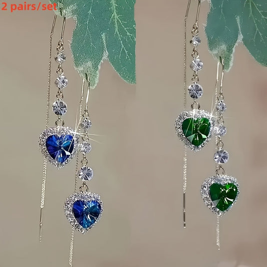 Dangle Earrings for Women - Heart 2 Pairs Heart-Shaped Crystal Rhinestone Pendant for Sparkling Luxury - main product view