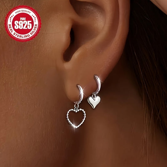 Dangle Earrings for Women - Heart S925 Sterling Silver 2 Pairs Set Hypoallergenic Heart-Shaped Drop - main product view