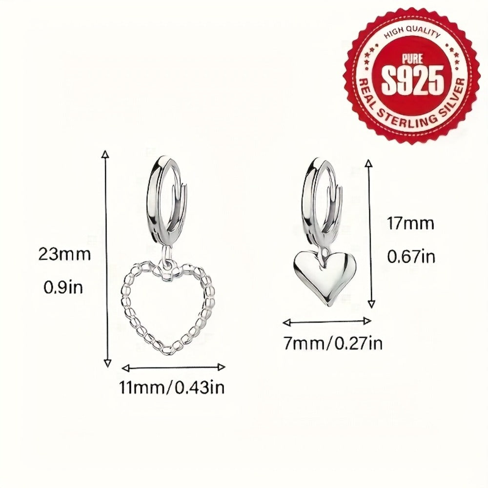 Dangle Earrings for Women - Heart S925 Sterling Silver 2 Pairs Set Hypoallergenic Heart-Shaped Drop - product detail view 3