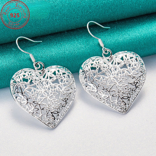 Dangle Earrings for Women - Heart S925 Sterling Silver for - Hollow Heart Drop , Hypoallergenic - main product view