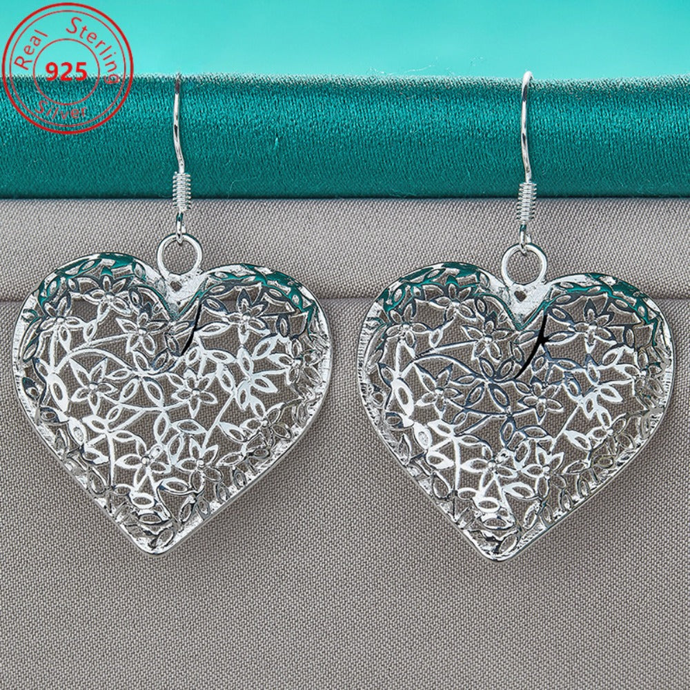 Dangle Earrings for Women - Heart S925 Sterling Silver for - Hollow Heart Drop , Hypoallergenic - product detail view 2