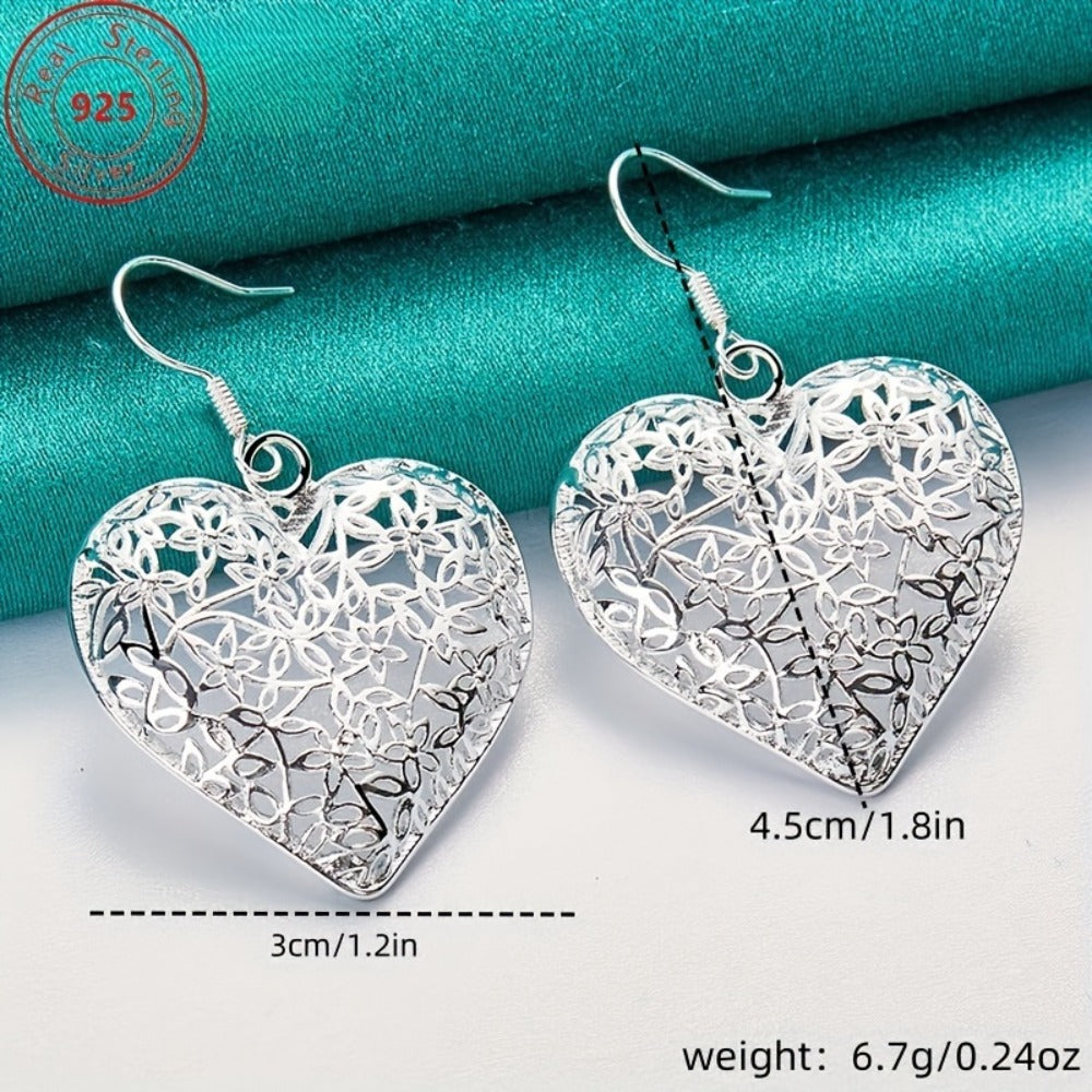 Dangle Earrings for Women - Heart S925 Sterling Silver for - Hollow Heart Drop , Hypoallergenic - product detail view 4
