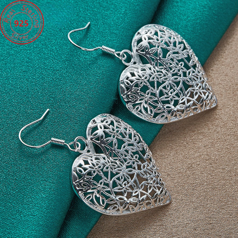 Dangle Earrings for Women - Heart S925 Sterling Silver for - Hollow Heart Drop , Hypoallergenic - product detail view 6
