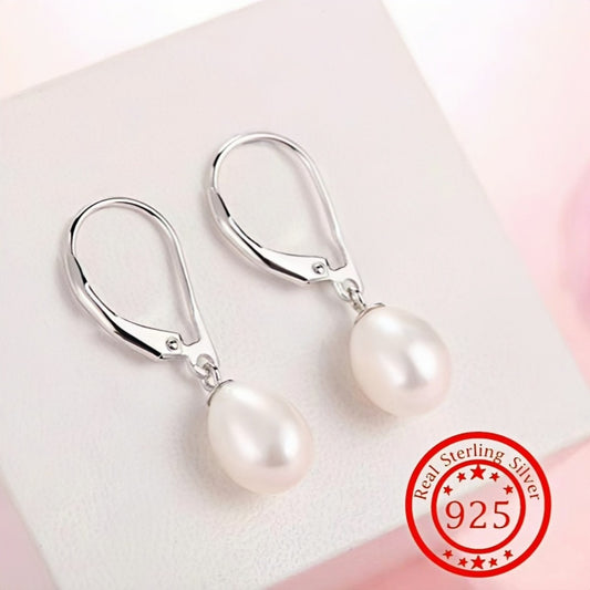 Dangle Earrings for Women - Pearl Drop 925 Sterling Silver Freshwater Pearl , French Elegant Lobster - main product view