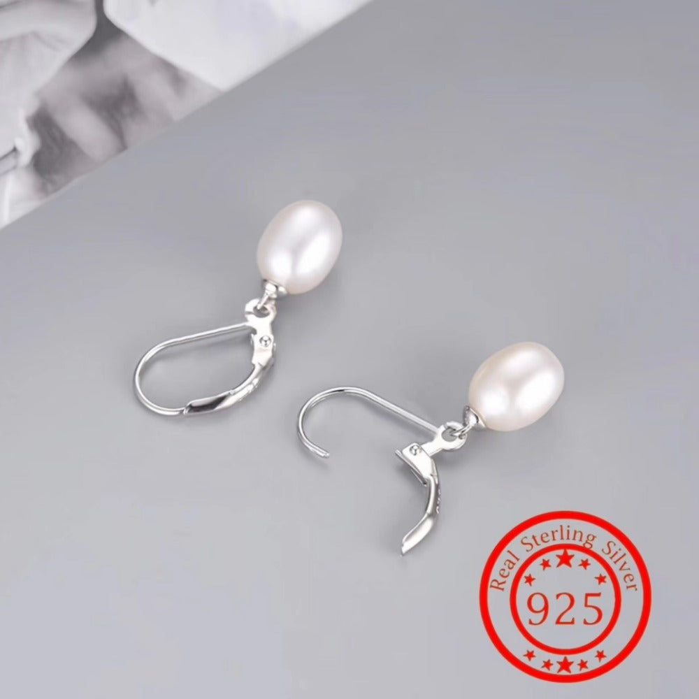 Dangle Earrings for Women - Pearl Drop 925 Sterling Silver Freshwater Pearl , French Elegant Lobster - product detail view 3