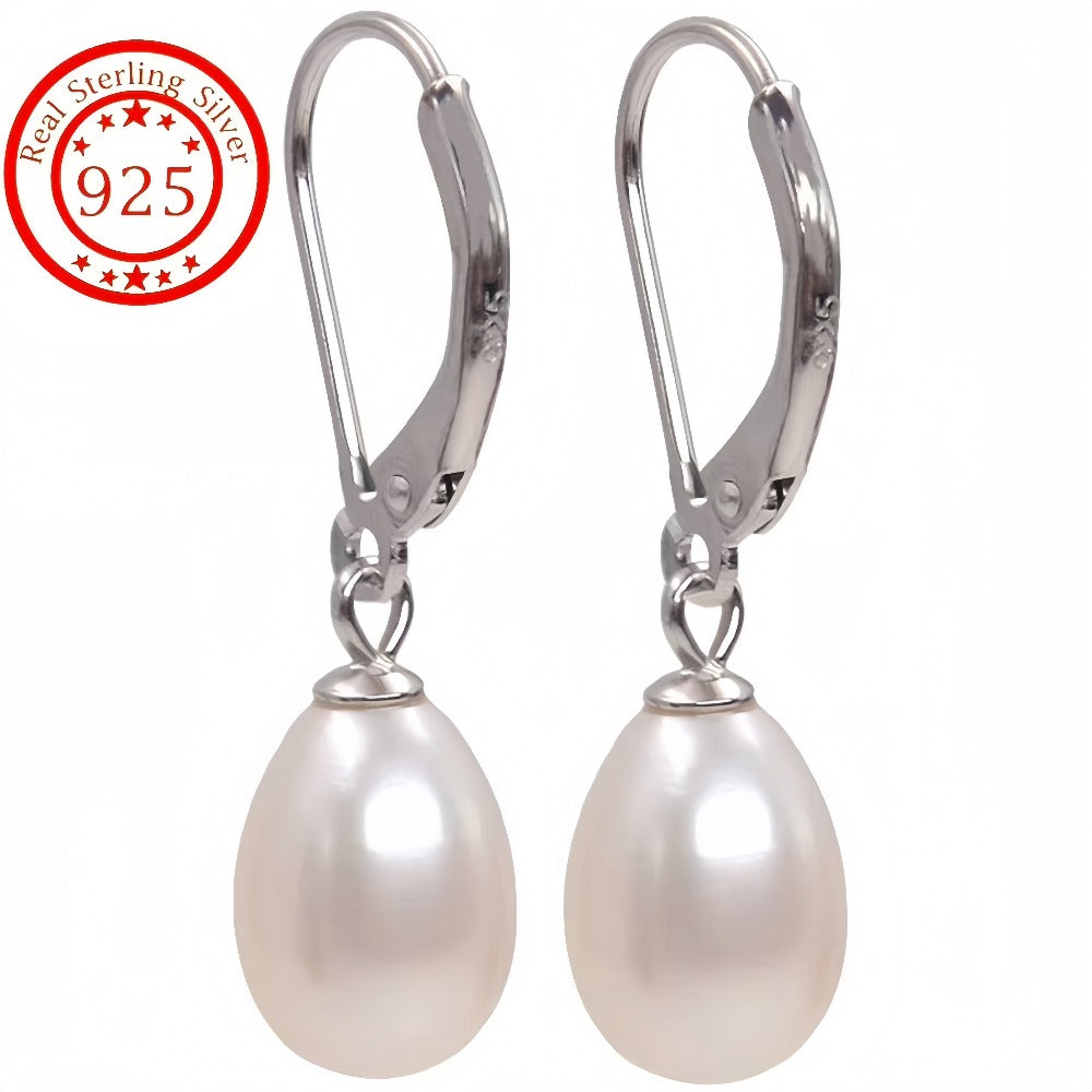 Dangle Earrings for Women - Pearl Drop 925 Sterling Silver Freshwater Pearl , French Elegant Lobster - product detail view 5