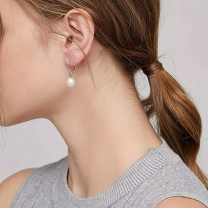 Dangle Earrings for Women - Pearl Drop 925 Sterling Silver Freshwater Pearl , French Elegant Lobster - product detail view 6