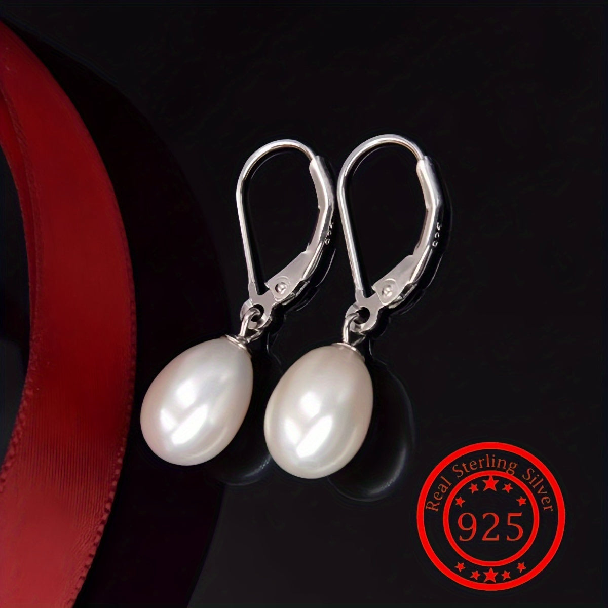 Dangle Earrings for Women - Pearl Drop 925 Sterling Silver Freshwater Pearl , French Elegant Lobster - product detail view 7
