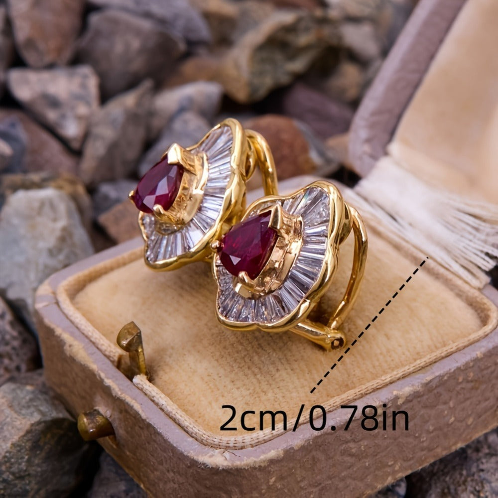 Dangle Earrings for Women - Red Gemstone Drop for Gold Copper Pendant with Classic Red Faux Stone - product detail view 2