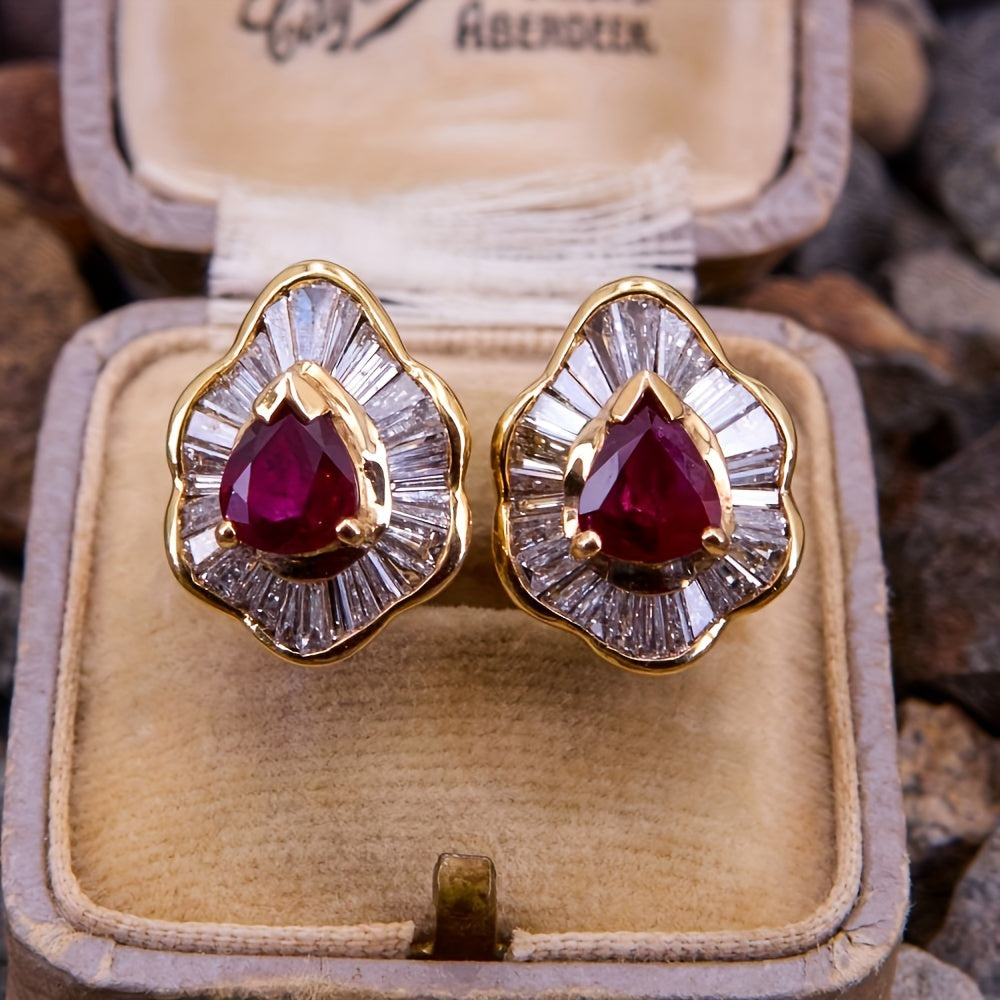 Dangle Earrings for Women - Red Gemstone Drop for Gold Copper Pendant with Classic Red Faux Stone - product detail view 6