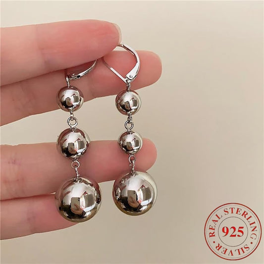 Dangle Earrings for Women - S925 Sterling Silver Three Ball Drop for Retro French High-End Long , Gold - main product view
