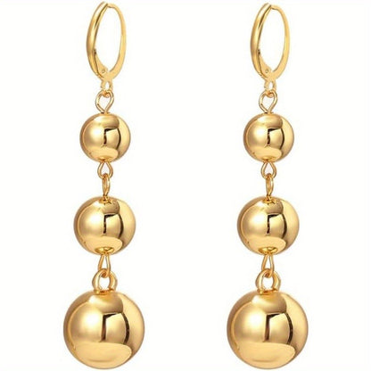 Dangle Earrings for Women - S925 Sterling Silver Three Ball Drop for Retro French High-End Long , Gold - product detail view