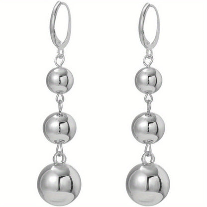 Dangle Earrings for Women - S925 Sterling Silver Three Ball Drop for Retro French High-End Long , Gold - product detail view