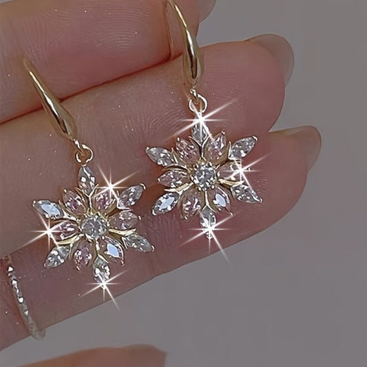 Dangle Earrings for Women - Sterling Silver Snowflake Pink Glass S925 Elegant Drop for Girlfriend - main product view