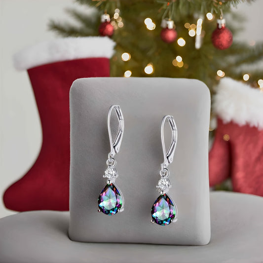 Dangle Earrings for Women - Teardrop Leverback 925 Sterling Silver Rainbow Quartz CZ Drop Gemstone - main product view