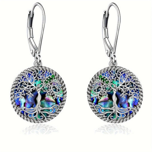 Dangle Earrings for Women - Tree of Life 925 Sterling Silver Abalone Shell Drop for Boho Nature - main product view