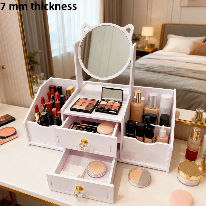 Jewelry Box with Mirror Cat Ear Design – Small Makeup Storage Organizer with Drawers, Light Luxury Vanity Case for Bedroom Dressing Room & Living Room
