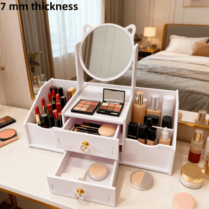 Jewelry Box with Mirror Cat Ear Design – Small Makeup Storage Organizer with Drawers, Light Luxury Vanity Case for Bedroom Dressing Room & Living Room