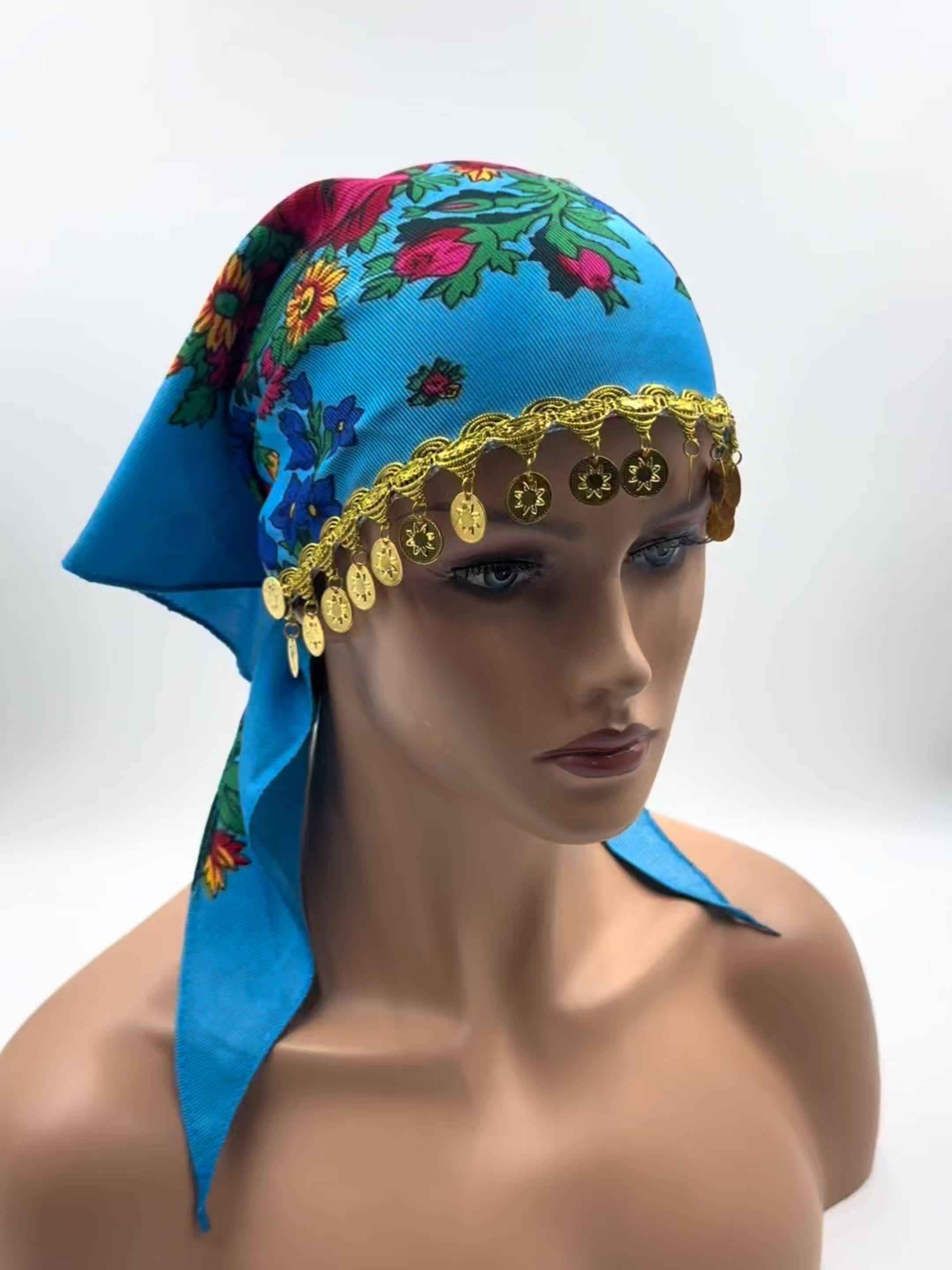 A Stylish Peony-Patterned Headscarf Complemented by Beautiful Golden Sequin Additions, Perfect for Casual Outings. It'S Lightweight, Breathable, And Protects Against Dust, Making It Ideal for Summer Wear