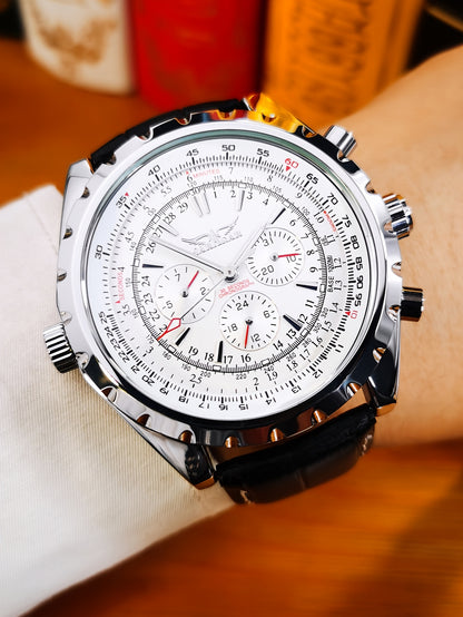 Men's Pilot Automatic Mechanical Watch – Multifunctional Sub-Dials, Week & 24H Display, Date Calendar, Stainless Steel Case, Business Casual Luxury Wristwatch