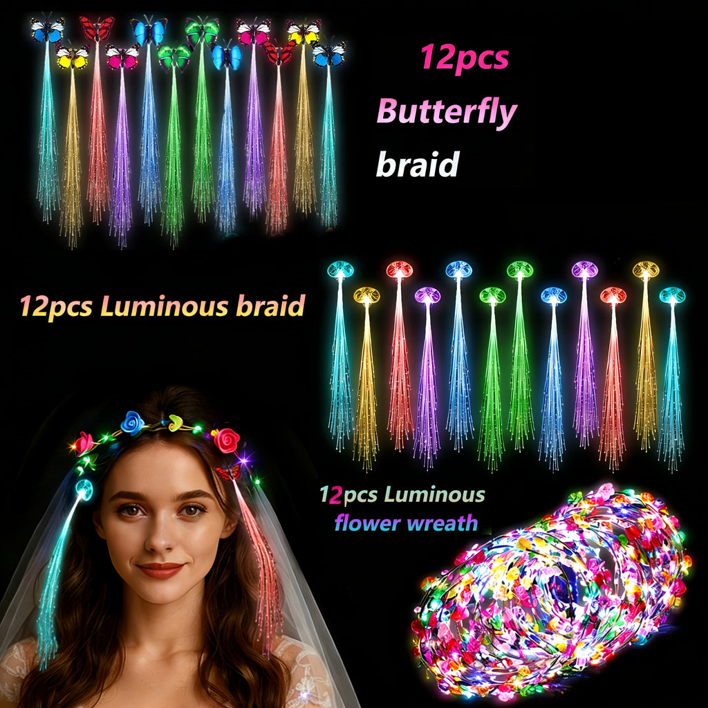 36pcs Luminous Headwear (12* Headwear Glowing Garland, 12* Transparent Braids, 12* Butterfly Braids) Are Suitable For Christmas Cosplay, Halloween, Wedding, Birthday Party, Photography, Concert