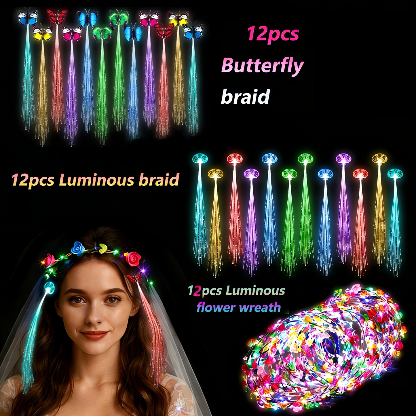LED Light Up Hair Accessories Set 36pcs - Luminous Glow Headwear Bundle with Flower Garland Crown, Fiber Optic Braids & Butterfly Hair Extensions for Party Concert Festival Wedding Halloween Christmas