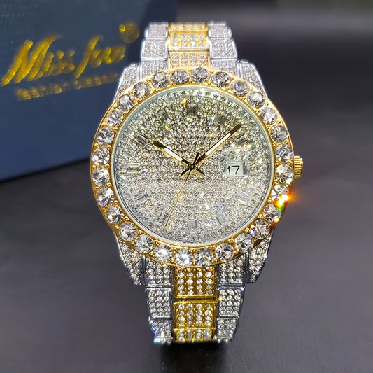 Men's Business Iced Rhinestone Quartz Watch – Classic Luxury Bling Wristwatch with Calendar, Zinc Alloy Band, Elegant Gift for Him