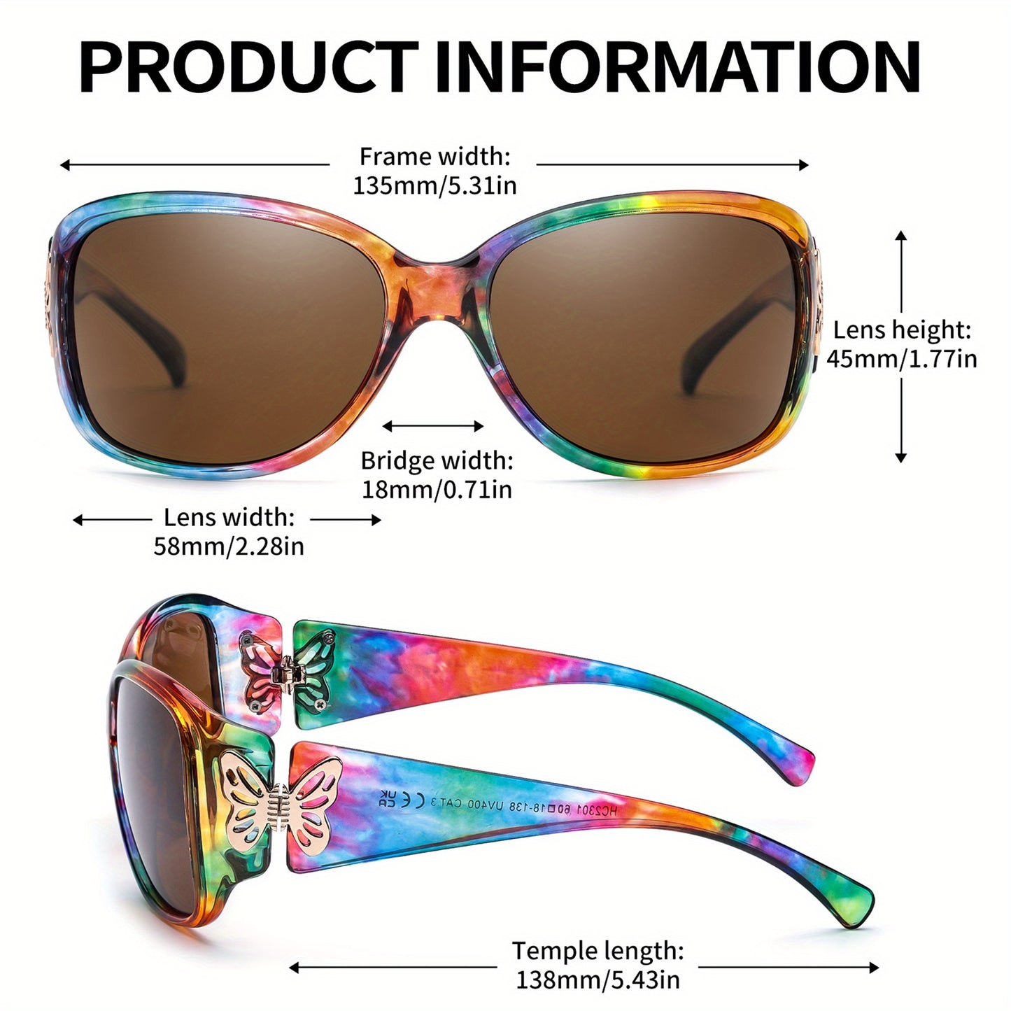 Polarized Sunglasses for Women 2 Pack - Butterfly Heart Wrap-Around Jackie-O Style UV400 Protection, Trendy Oversized Fashion Shades in Gradient Blue, Gray, Black, Pink & Rainbow Colors