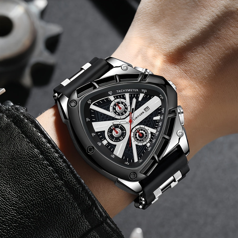 Men's 2-Piece Watch Set – Triangle Dial Silicone Strap & Retro Square Dial Faux Leather, Date Display Sport Dress Watches, Gift for Him