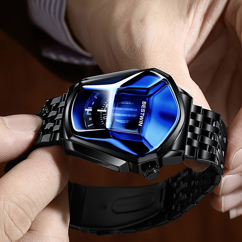 Men's Quartz Watch Blue Rhinestone Dial Steel Band Business Dress Watch for Men Fashion Analog Wristwatch Gift