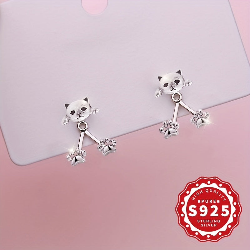 Pair of S925 Sterling Silver Cat Paw Dangle Earrings - Cute Cartoon Design, Hypoallergenic, Perfect for Daily Wear & Gifting, Ideal for Halloween & Parties, Cute Earrings