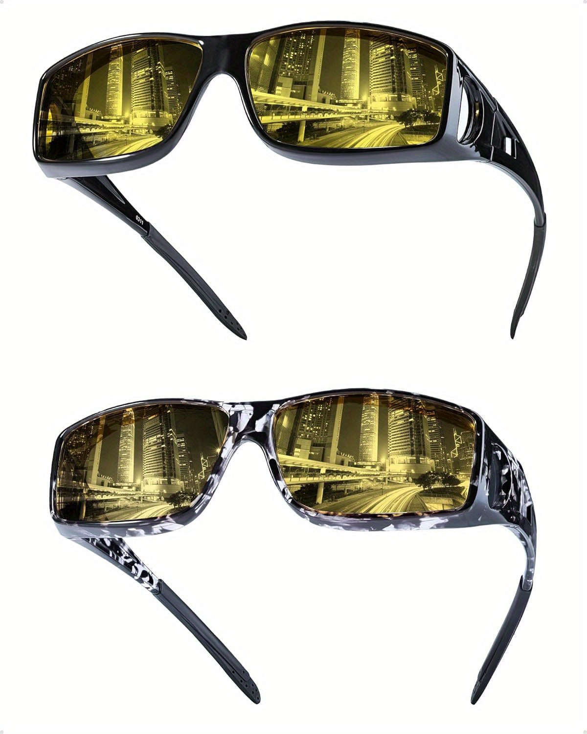 Night Vision Glasses Fit Over Prescription Eyewear – Anti-Glare Yellow Lens Driving Eyewear for Men & Women, HD Nighttime Clarity, Wraparound Overglasses, Grey & Black
