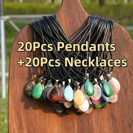 40pcs Of Natural Crystal Multi-color Teardrop-shaped Stone Pendants, with Faux Leather Cord Sets, Fashionable And Elegant Necklaces, Perfect As Accessory Gifts for Holiday Parties.