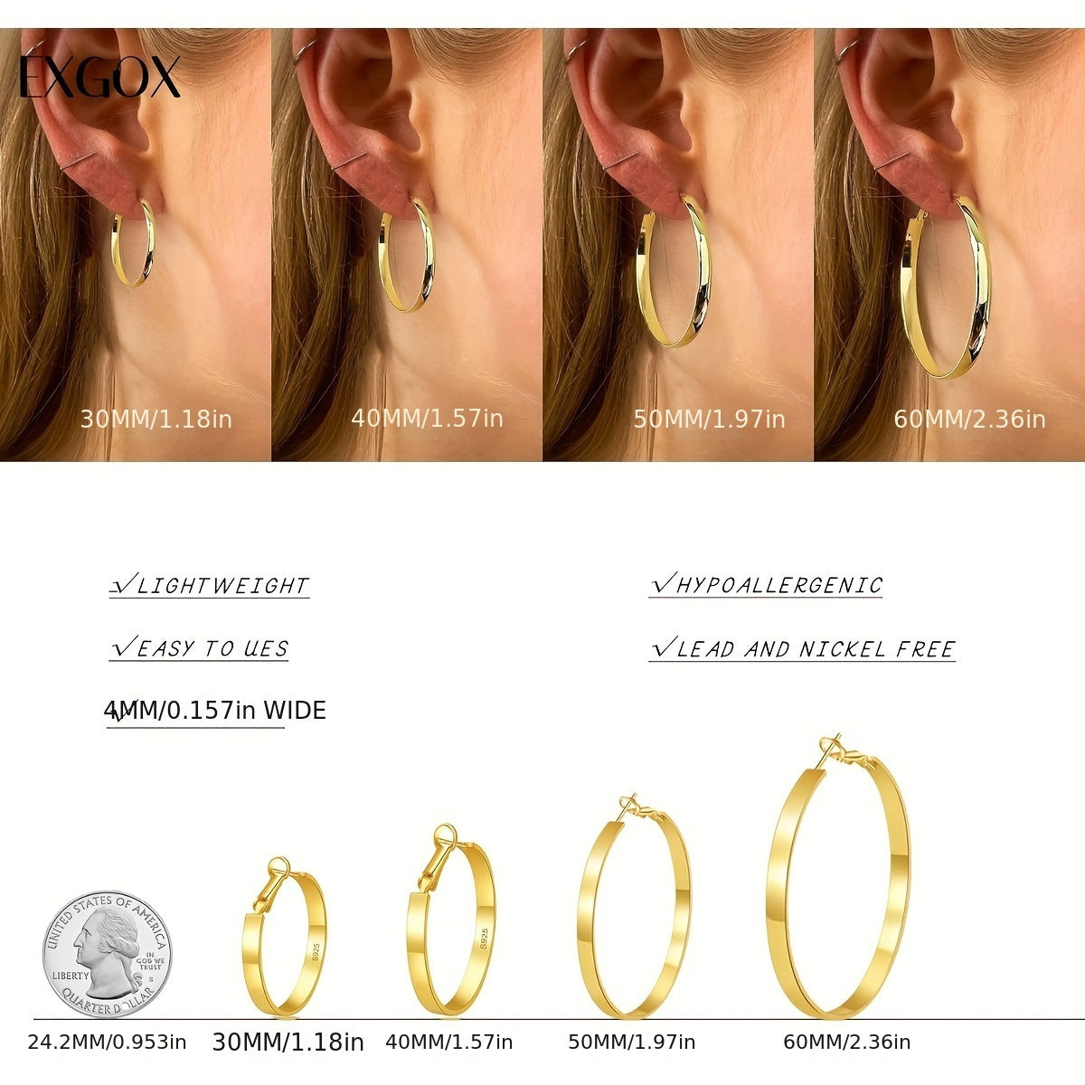 Hoop Earrings 925 Sterling Silver Hypoallergenic Cartilage Earrings for Women — 30/40/50/60mm Simple Leisure Style in Gold & Silver for Parties & Gifts