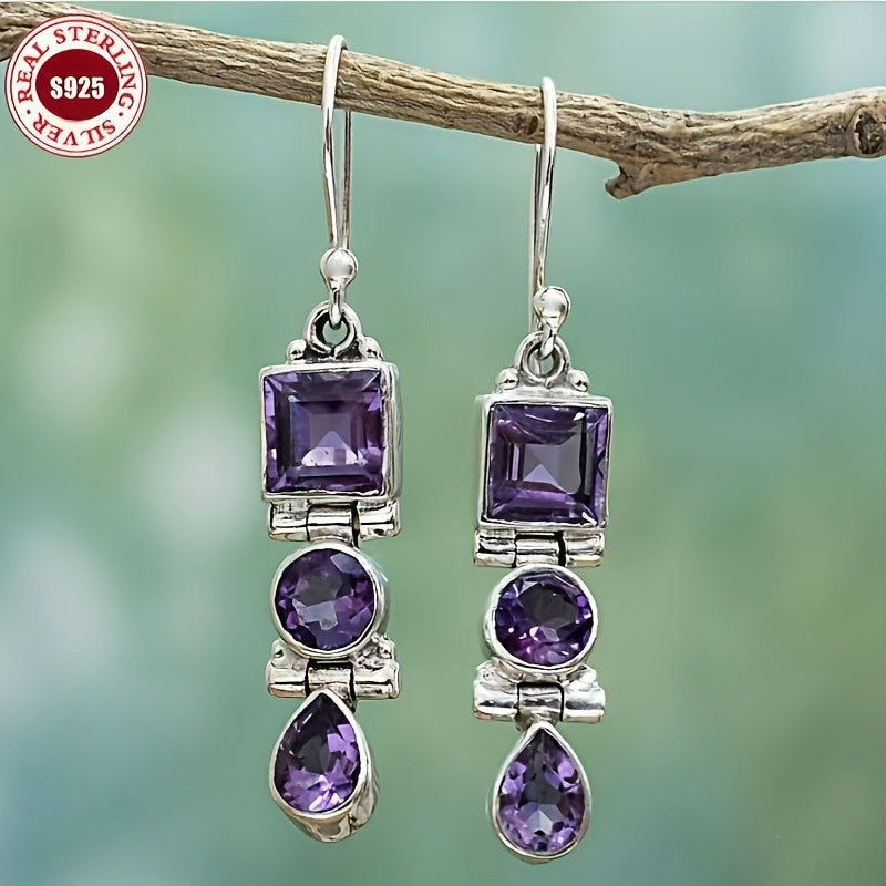 925 Silver Retro Amethyst Three Stone Earrings Lightweight Long Style Square Elliptical Water Drop Pendant Earrings Are The Best Christmas And Birthday Gifts for Yourself And Your Loved Ones