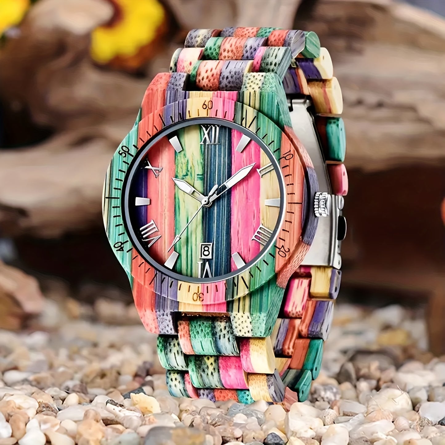 Handmade Bamboo Engraved Wooden Watch with Luminous Hands & Date Display - Lightweight Colorful Natural Wood Analog Quartz Wristwatch, Unique Eco-Friendly Gift for Men & Women