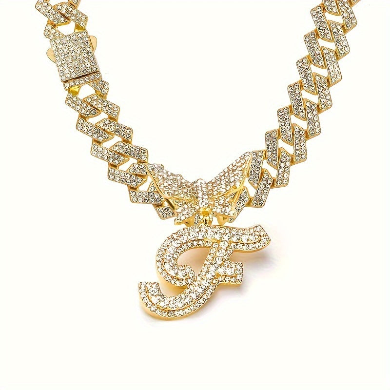 Cuban Link Chain Necklace - Initial Letter for Men Women - with Butterfly Alphabet Pendant A-Z, Gold & - product detail view