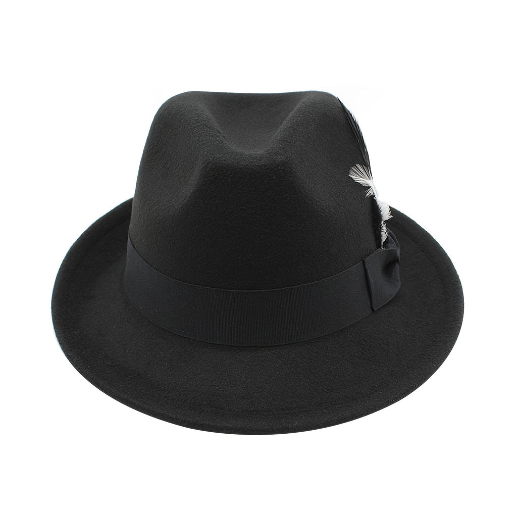 [Classic Fedora Hats] Flongo Classic Fedora Hats For Men Women Short Brim Felt Feather Hat Panama Dress Hat
