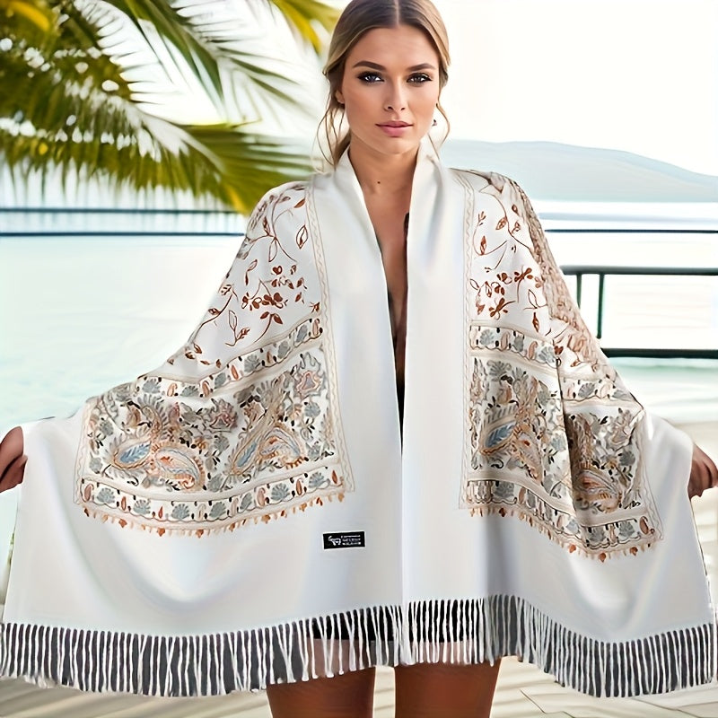 Women' Bohemian Cashmere Shawl Scarf - Vintage Paisley Embroidery Suitable for Spring/Fall, Lightweight Warmth with Tassel Trim, Navy/Orange/White Retro, Hand Washable for Casual & Outfits (Multi-Color Options)