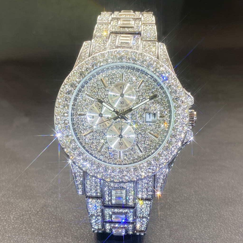 New Luxury Men'S Watch Automatic Date Fashion Waterproof Quartz Watch Men'S Hip Hop Iced Water Rhinestone Women'S Party Watch