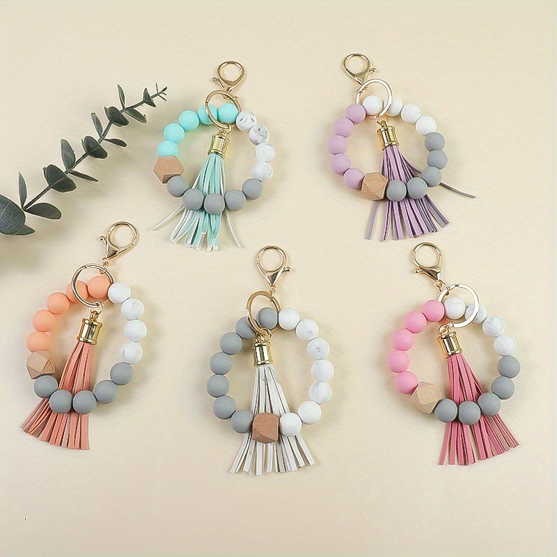 5pcs Marble Beaded Wrist Keychain Set, Simple and Stylish Women's Key Holder, Anti-Loss Key Ring, Holiday Gift