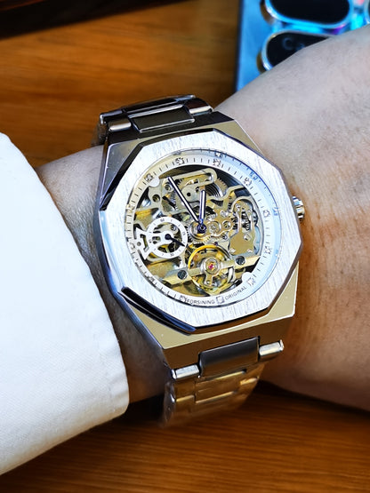 FORSINING Skeleton Tourbillon Automatic Mechanical Watch for Men – Luminous Hands, Stainless Steel Band, Irregular Case, Luxury Business Gift