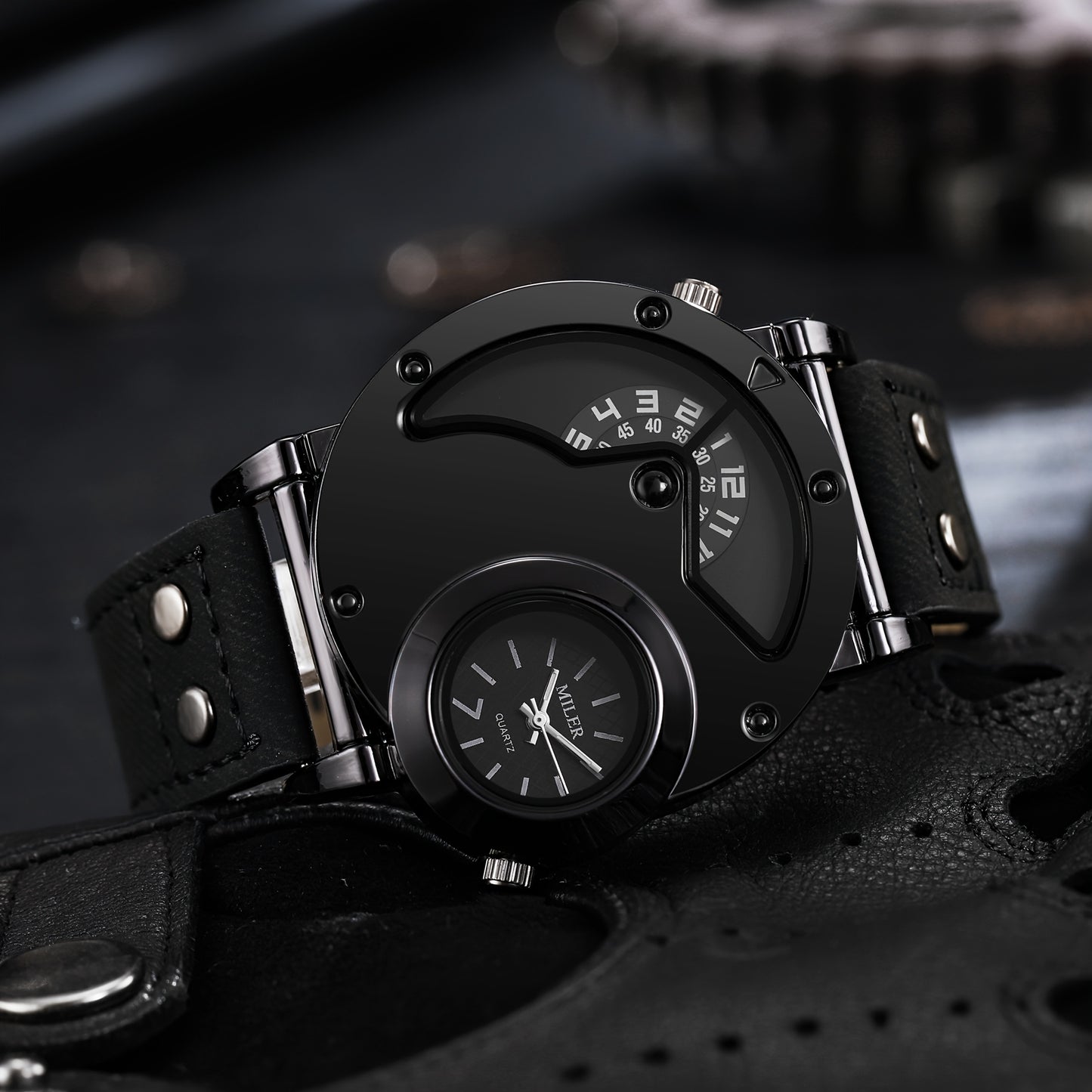 Vintage Men's Watch Big Dial Dual Time Zone PU Leather Strap – Business Quartz Analog Wristwatch for Men, Classic Retro Style Clock Black Blue